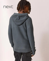 NEXT TEAL BLUE UTILITY KNITTED HOODED JUMPER