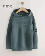 NEXT TEAL BLUE UTILITY KNITTED HOODED JUMPER