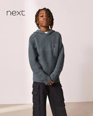 NEXT TEAL BLUE UTILITY KNITTED HOODED JUMPER