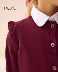NEXT BURGUNDY COTTON RICH FRILL SHOULDER SCHOOL CARDIGAN -18A