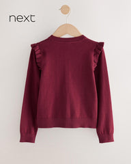 NEXT BURGUNDY COTTON RICH FRILL SHOULDER SCHOOL CARDIGAN -18A