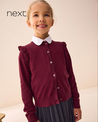 NEXT BURGUNDY COTTON RICH FRILL SHOULDER SCHOOL CARDIGAN -18A