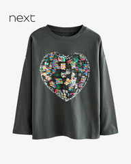 NEXT CHARCOAL GREY HEART SEQUIN LONG SLEEVE T-SHIRT