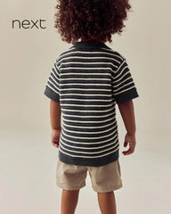 NEXT CHARCOAL & CREAM STRIPED KNITTED POLO SHIRT