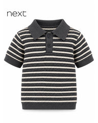 NEXT CHARCOAL & CREAM STRIPED KNITTED POLO SHIRT