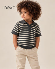 NEXT CHARCOAL & CREAM STRIPED KNITTED POLO SHIRT