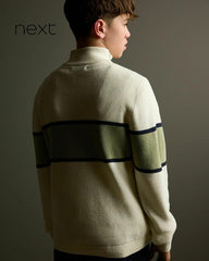 NEXT ECRU GREEN BLOCK ZIP NECK SWEATER