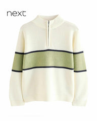 NEXT ECRU GREEN BLOCK ZIP NECK SWEATER