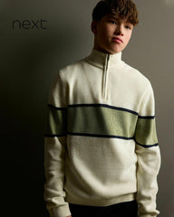 NEXT ECRU GREEN BLOCK ZIP NECK SWEATER