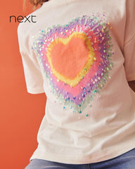 NEXT ECRU SEQUIN TIE DYE HEART T-SHIRT