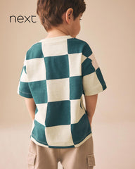 NEXT GREEN WHITE WAVY CHECKERBOARD SHORT SLEEVE T-SHIRT