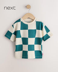 NEXT GREEN WHITE WAVY CHECKERBOARD SHORT SLEEVE T-SHIRT