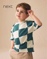 NEXT GREEN WHITE WAVY CHECKERBOARD SHORT SLEEVE T-SHIRT