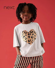 NEXT GREY SEQUIN HEART OVERSIZE T-SHIRT