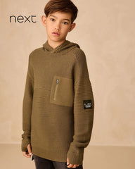 NEXT KHAKI GREEN UTILITY KNITTED HOODED JUMPER