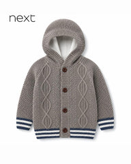 NEXT KIDS GREY HOODED CABLE KNIT CARDIGAN