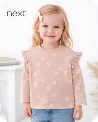 NEXT LIGHT BROWN FLORAL FRILL LONG SLEEVE T-SHIRT