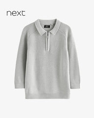 NEXT LIGHT GREY QUARTER ZIP KNITTED POLO SHIRT