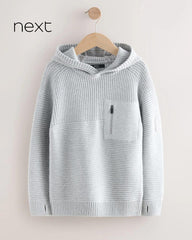 NEXT LIGHT GREY UTILITY KNITTED HOODED JUMPER
