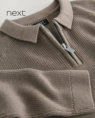 NEXT MINK BROWN QUARTER ZIP KNITTED POLO SHIRT