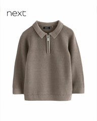 NEXT MINK BROWN QUARTER ZIP KNITTED POLO SHIRT