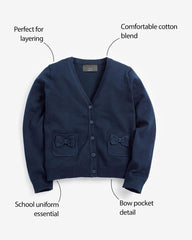 NEXT NAVY BLUE COTTON RICH BOW POCKET SCHOOL CARDIGAN -4A