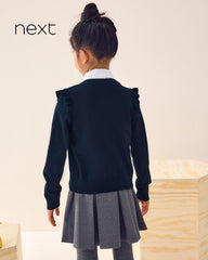 NEXT NAVY BLUE COTTON RICH FRILL SHOULDER SCHOOL CARDIGAN -13A