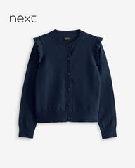 NEXT NAVY BLUE COTTON RICH FRILL SHOULDER SCHOOL CARDIGAN -13A