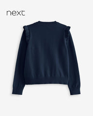 NEXT NAVY BLUE COTTON RICH FRILL SHOULDER SCHOOL CARDIGAN -13A