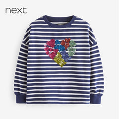 NEXT NAVY STRIPED SEQUINED HEART T-SHIRT