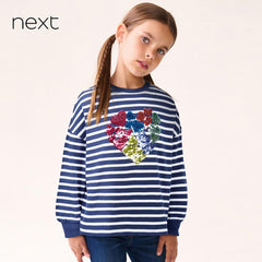 NEXT NAVY STRIPED SEQUINED HEART T-SHIRT