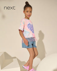 NEXT PINK BLUE SEQUIN HEART FRINGE T-SHIRT