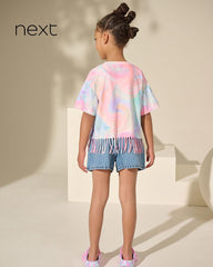 NEXT PINK BLUE SEQUIN HEART FRINGE T-SHIRT