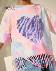NEXT PINK BLUE SEQUIN HEART FRINGE T-SHIRT