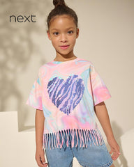 NEXT PINK BLUE SEQUIN HEART FRINGE T-SHIRT