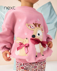 NEXT PINK REINDEER & BUNNY APPLIQUE SWEATSHIRT