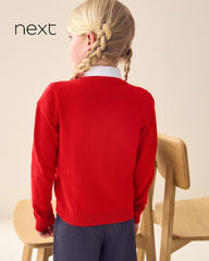 NEXT RED COTTON RICH BOW POCKET SCHOOL CARDIGAN -5A