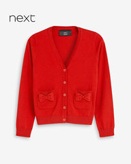 NEXT RED COTTON RICH BOW POCKET SCHOOL CARDIGAN -5A