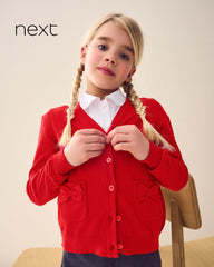 NEXT RED COTTON RICH BOW POCKET SCHOOL CARDIGAN -5A
