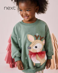 NEXT SAGE GREEN REINDEER APPLIQUE OVERSIZED SWEATSHIRT