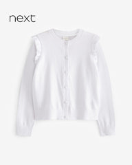 NEXT WHITE COTTON RICH FRILL SHOULDER SCHOOL CARDIGAN -16A