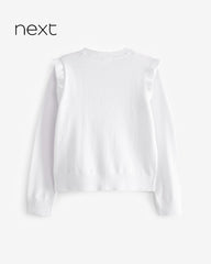 NEXT WHITE COTTON RICH FRILL SHOULDER SCHOOL CARDIGAN -16A