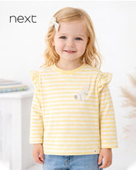 NEXT YELLOW STRIPED LONG SLEEVE FRILL T-SHIRT