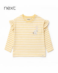 NEXT YELLOW STRIPED LONG SLEEVE FRILL T-SHIRT