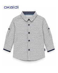 OKAIDI BOYS WHITE & NAVY MICRO PRINT ROLL UP SLEEVE SHIRT