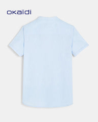 OKAIDI LIGHT BLUE MANDARIN COLLAR SHORT SLEEVE SHIRT