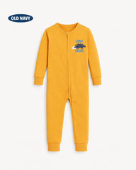OLD NAVY MUSTARD DINO SNORE ZIP ROMPER