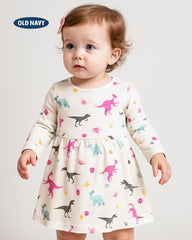 OLD NAVY OFF WHITE DINO PRINT LONG SLEEVE DRESS