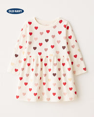 OLD NAVY OFF WHITE HEARTS PRINT LONG SLEEVE DRESS