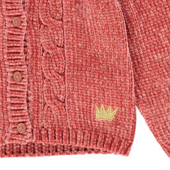 ORCHESTRA CHENILLE-KNIT PINK CARDIGAN WITH EMBROIDERED CROWN